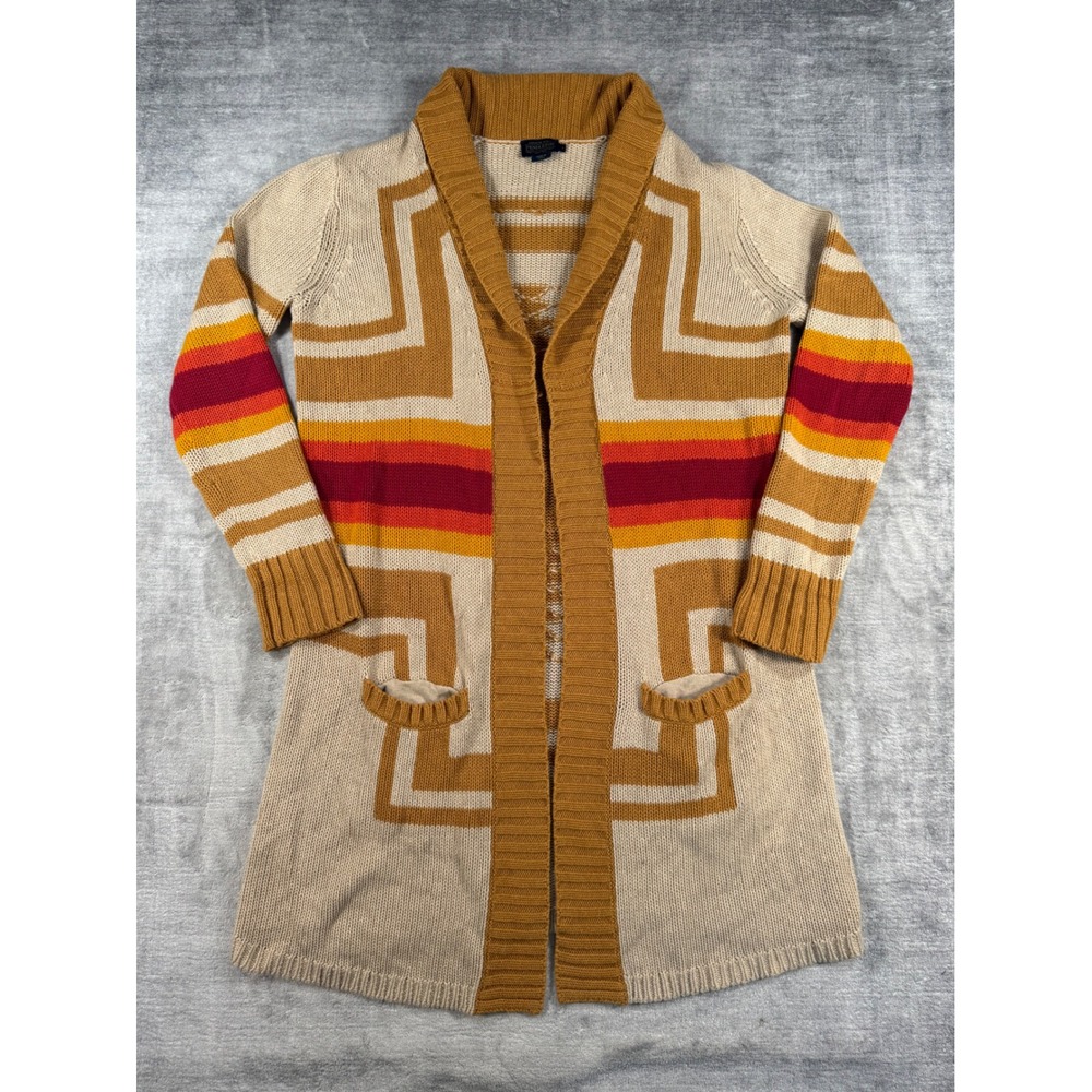 Pendleton Sweater Womens Medium Tan Southwestern Aztec Cardigan Longline Boho